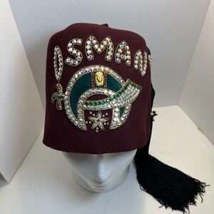 VTG Shriners‎ Fez Hat Osman Maroon with Rhinestones Tassel Horton Regalia